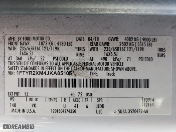 2018 Ford Transit Van with VIN 1FTYR2XM4JKA85105, listed as a Copart auction lot 84306614 with 125,511 mi miles and Salvage Title. Bid and sale history available at carsss.com. Image 13.