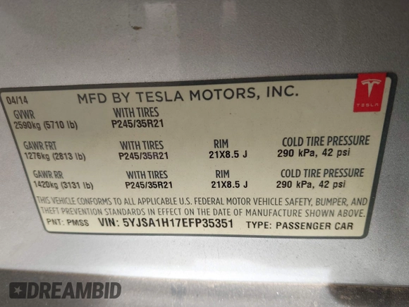 2014 Tesla Model S 60 with VIN 5YJSA1H17EFP35351, listed as a IAAI auction lot 41558434 with 151,002 mi miles and . Bid and sale history available at DreamBid. Image 9.