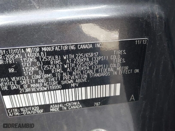 2013 Toyota RAV4 XLE with VIN 2T3RFREV9DW119990, listed as a IAAI auction lot 41798449 with 147,519 mi miles. Bid and sale history available at carsss.com. Image 9.