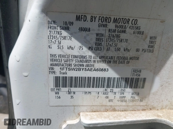 2010 Ford F-250 XL with VIN 1FTSW2BY5AEA60883, listed as a IAAI auction lot 42103121 with 192,094 mi miles and . Bid and sale history available at DreamBid. Image 9.