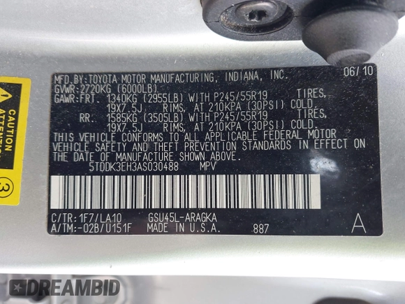 2010 Toyota Highlander Limited with VIN 5TDDK3EH3AS030488, listed as a IAAI auction lot 41695234 with 204,046 mi miles and . Bid and sale history available at DreamBid. Image 9.