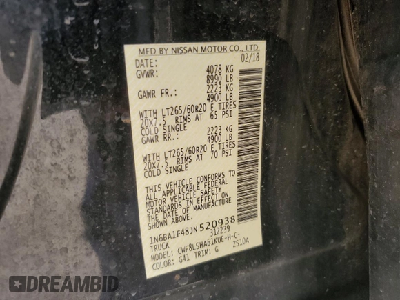2018 Nissan Titan XD SV with VIN 1N6BA1F48JN520938, listed as a Copart auction lot 79501474 with 262,120 mi miles and Salvage Title. Bid and sale history available at carsss.com. Image 15.