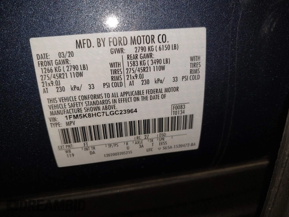 2020 Ford Explorer Platinum with VIN 1FM5K8HC7LGC23964, listed as a IAAI auction lot 41260236 with 43,975 mi miles. Bid and sale history available at carsss.com. Image 9.