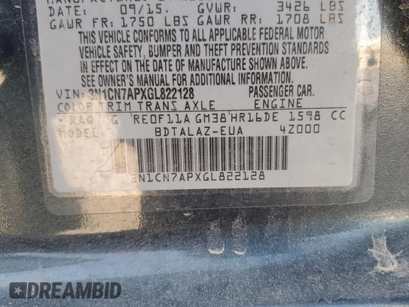2016 Nissan Versa S Plus with VIN 3N1CN7APXGL822128, listed as a Copart auction lot 51239595 with 86,701 mi miles and Salvage Title. Bid and sale history available at carsss.com. Image 15.