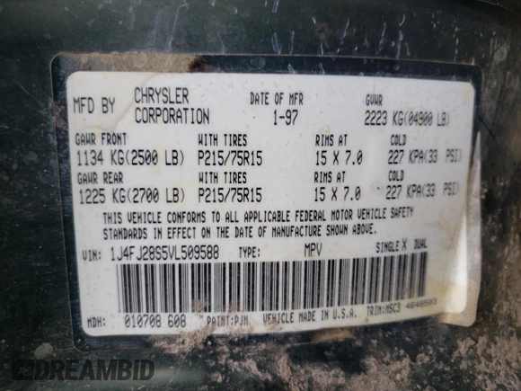 1997 Jeep Cherokee SE с VIN 1J4FJ28S5VL509588, выставлен на аукционе Copart как лот 56181695 с пробегом 313 430 миль миль и Списание • Salvage title. История ставок и продаж доступна на DreamBid. Изображение 14.