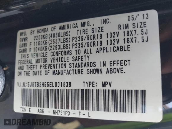 2014 Acura RDX Technology with VIN 5J8TB3H55EL001838, listed as a IAAI auction lot 41876530 with 214,266 mi miles and . Bid and sale history available at DreamBid. Image 9.