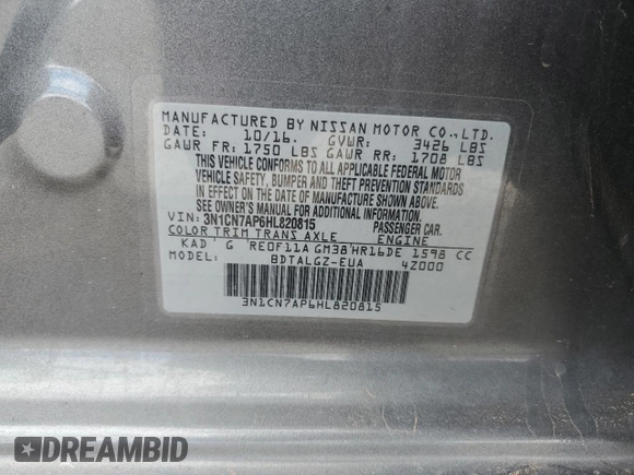 2017 Nissan Versa SL with VIN 3N1CN7AP6HL820815, listed as a Copart auction lot 45409955 with 53,120 mi miles and Salvage title. Bid and sale history available at DreamBid. Image 14.