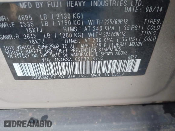 2015 Subaru Outback Limited with VIN 4S4BSAJC9F3218703, listed as a IAAI auction lot 41924281 with 90,233 mi miles and . Bid and sale history available at DreamBid. Image 9.