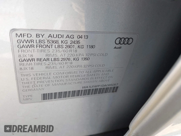 2013 Audi Q5 Premium Plus with VIN WA1LFAFP1DA085057, listed as a IAAI auction lot 41959939 with 204,931 mi miles and . Bid and sale history available at DreamBid. Image 9.