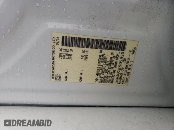 2016 Nissan Maxima SL with VIN 1N4AA6AP7GC905950, listed as a Copart auction lot 77975563 with 74,157 mi miles and Salvage Title. Bid and sale history available at DreamBid. Image 14.