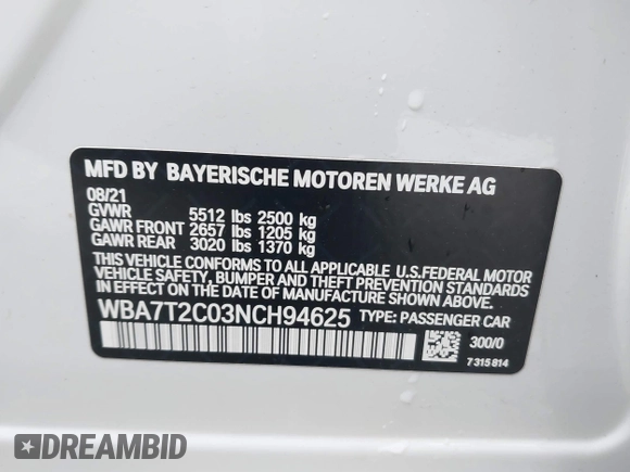 2022 BMW 7 Series 740i with VIN WBA7T2C03NCH94625, listed as a IAAI auction lot 41632368 with 41,953 mi miles. Bid and sale history available at carsss.com. Image 9.
