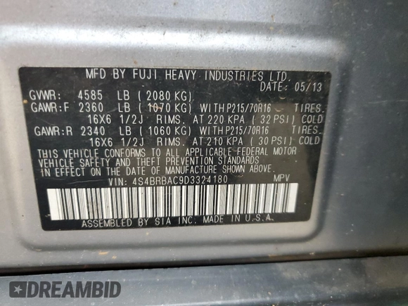 2013 Subaru Outback 2.5i with VIN 4S4BRBAC9D3324180, listed as a Copart auction lot 68926334 with 179,861 mi miles and Salvage Title. Bid and sale history available at carsss.com. Image 14.