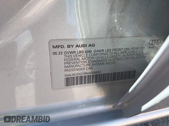 2022 Audi A3 Premium with VIN WAUAUDGY9NA089853, listed as a IAAI auction lot 41435958 with 12,154 mi miles. Bid and sale history available at carsss.com. Image 9.