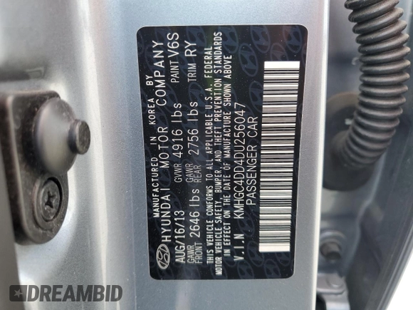 2013 Hyundai Genesis 3.8L with VIN KMHGC4DD4DU256047, listed as a Copart auction lot 54706445 with 122,891 mi miles and Salvage Title. Bid and sale history available at DreamBid. Image 13.