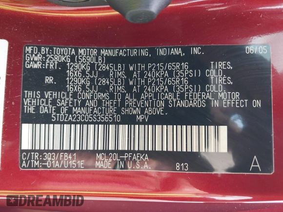 2005 Toyota Sienna CE with VIN 5TDZA23C05S356510, listed as a IAAI auction lot 42127008 with 220,007 mi miles and . Bid and sale history available at DreamBid. Image 9.