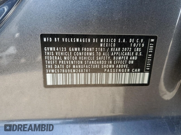 2019 Volkswagen Jetta S with VIN 3VWC57BU9KM268761, listed as a Copart auction lot 52919715 with 65,020 mi miles and Salvage title. Bid and sale history available at DreamBid. Image 12.