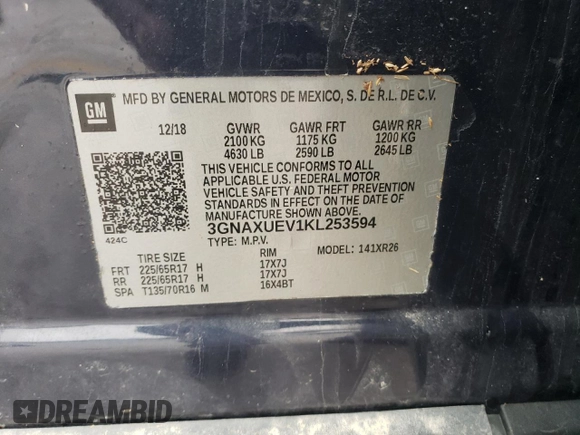 2019 Chevrolet Equinox LT with VIN 3GNAXUEV1KL253594, listed as a Copart auction lot 43508995 with 107,330 mi miles and Salvage Title. Bid and sale history available at carsss.com. Image 13.