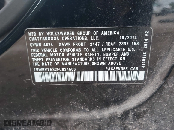 2015 Volkswagen Passat SE с VIN 1VWBV7A32FC034506, выставлен на аукционе IAAI как лот 42448158 с пробегом 312 926 миль миль и . История ставок и продаж доступна на DreamBid. Изображение 9.