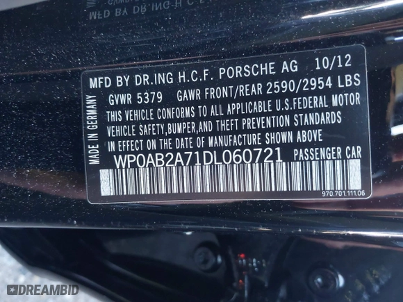 2013 Porsche Panamera S with VIN WP0AB2A71DL060721, listed as a IAAI auction lot 41457545 with 108,938 mi miles. Bid and sale history available at carsss.com. Image 9.