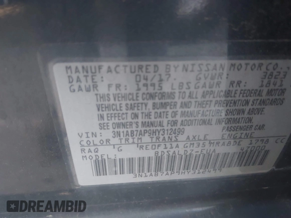 2017 Nissan Sentra S with VIN 3N1AB7AP9HY312499, listed as a IAAI auction lot 41933986 with 118,110 mi miles and . Bid and sale history available at carsss.com. Image 9.