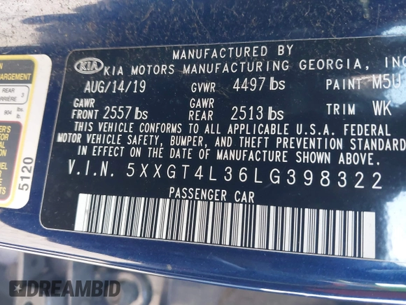 2020 Kia Optima LX with VIN 5XXGT4L36LG398322, listed as a IAAI auction lot 41744201 with 52,926 mi miles. Bid and sale history available at carsss.com. Image 9.
