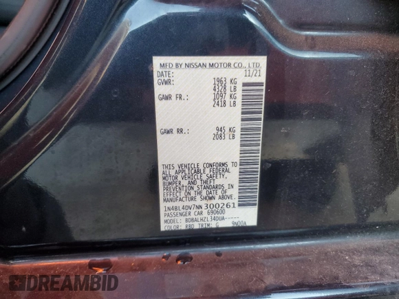 2022 Nissan Altima 2.5 SV with VIN 1N4BL4DV7NN300261, listed as a Copart auction lot 82902674 with 0 mi miles and Salvage Title. Bid and sale history available at carsss.com. Image 15.