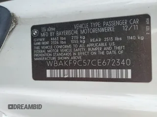 2012 BMW 3 Series 335i xDrive with VIN WBAKF9C57CE672340, listed as a Copart auction lot 78046554 with 0 mi miles and Salvage Title. Bid and sale history available at carsss.com. Image 13.