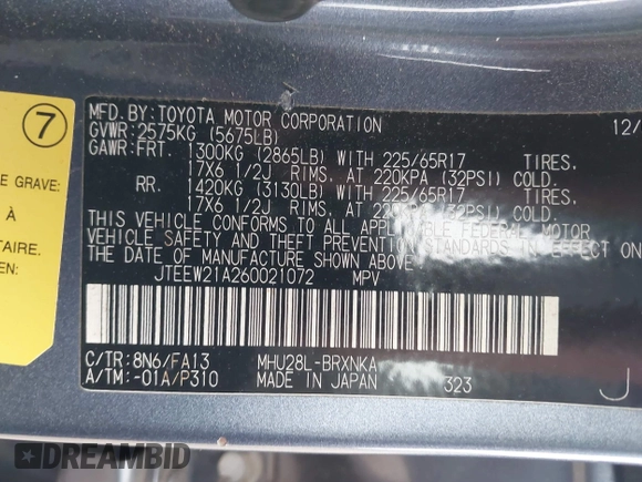 2006 Toyota Highlander z VIN JTEEW21A260021072, wystawiony jako IAAI lot #41903150 z przebiegiem 164 766 mil mil oraz . Historia ofert i sprzedaży dostępna na DreamBid. Obrazek 9.