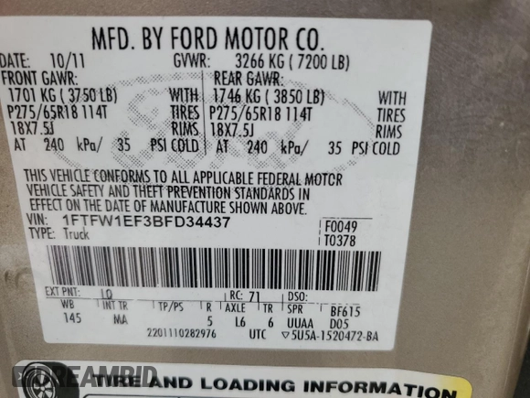2011 Ford F-150 XL with VIN 1FTFW1EF3BFD34437, listed as a Copart auction lot 71930954 with 207,344 mi miles and Non Repairable. Bid and sale history available at carsss.com. Image 12.