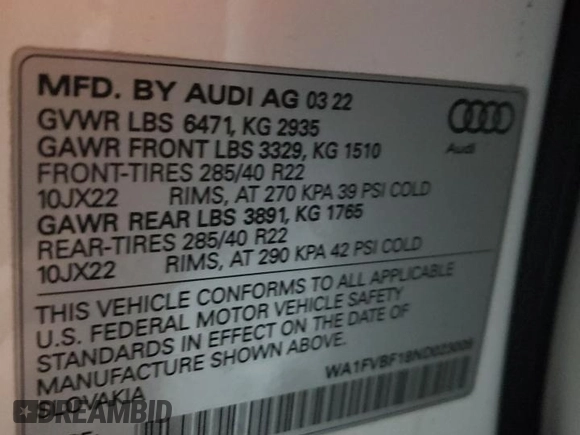 2022 Audi Q8 Prestige with VIN WA1FVBF18ND023009, listed as a Copart auction lot 88035005 with 29,606 mi miles and Salvage Title. Bid and sale history available at carsss.com. Image 13.