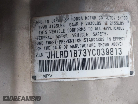 2000 Honda CR-V SE with VIN JHLRD1873YC039813, listed as a IAAI auction lot 40716079 with 214,067 mi miles. Bid and sale history available at carsss.com. Image 9.