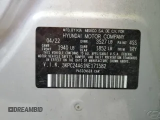 2022 Hyundai Accent SE с VIN 3KPC24A61NE171582, выставлен на аукционе Copart как лот 57715085 с пробегом 21 392 миль миль и Списание • Salvage title. История ставок и продаж доступна на DreamBid. Изображение 12.