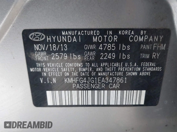 2014 Hyundai Azera with VIN KMHFG4JG1EA347861, listed as a IAAI auction lot 41430849 with 161,832 mi miles and . Bid and sale history available at DreamBid. Image 9.