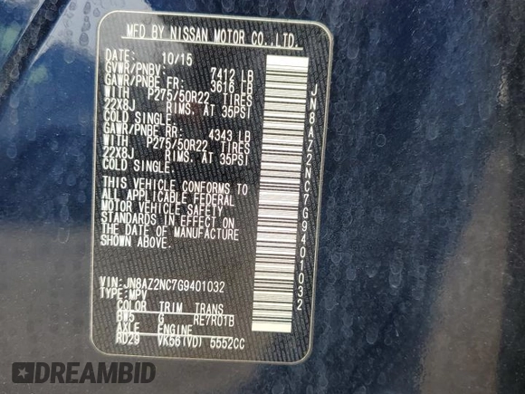 2016 Infiniti QX80 with VIN JN8AZ2NC7G9401032, listed as a Copart auction lot 58068015 with 159,842 mi miles and Salvage title. Bid and sale history available at DreamBid. Image 14.