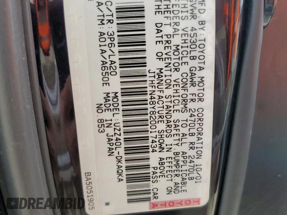 2002 Lexus SC 430 z VIN JTHFN48Y820017434, wystawiony jako Copart lot #56757195 z przebiegiem 148 382 mil mil oraz Szkoda całkowita • Salvage title. Historia ofert i sprzedaży dostępna na DreamBid. Obrazek 12.