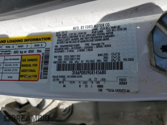 2016 Ford Fusion Titanium Hybrid with VIN 3FA6P0RU9GR145680, listed as a Copart auction lot 52532925 with 238,019 mi miles and Salvage title. Bid and sale history available at DreamBid. Image 12.