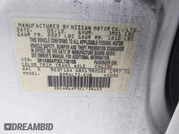 2012 Nissan Sentra SL with VIN 3N1AB6AP3CL738155, listed as a IAAI auction lot 41242720 with 71,878 mi miles and . Bid and sale history available at DreamBid. Image 9.
