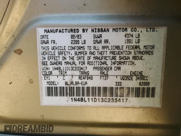 2003 Nissan Altima SE with VIN 1N4BL11D13C233417, listed as a Copart auction lot 48205925 with 203,093 mi miles and Salvage title. Bid and sale history available at DreamBid. Image 12.