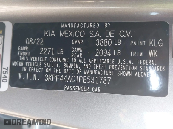 2023 Kia Forte GT with VIN 3KPF44AC1PE531787, listed as a IAAI auction lot 40831308 with 31,130 mi miles and . Bid and sale history available at carsss.com. Image 9.