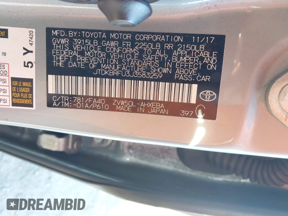 2018 Toyota Prius Two with VIN JTDKBRFU3J3583259, listed as a IAAI auction lot 40688951 with 197,642 mi miles and . Bid and sale history available at DreamBid. Image 9.