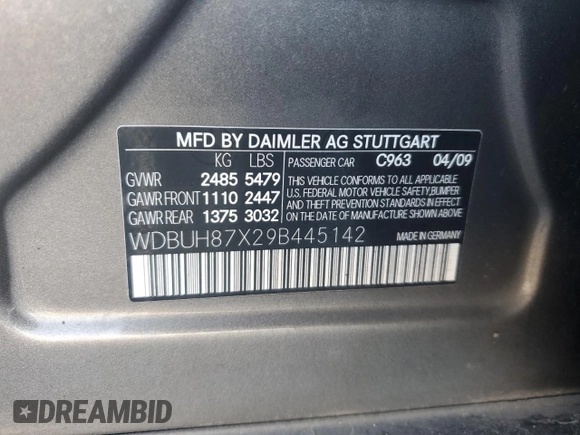 2009 Mercedes-Benz E 350 with VIN WDBUH87X29B445142, listed as a Copart auction lot 41765205 with 212,211 mi miles and Salvage Title. Bid and sale history available at DreamBid. Image 12.