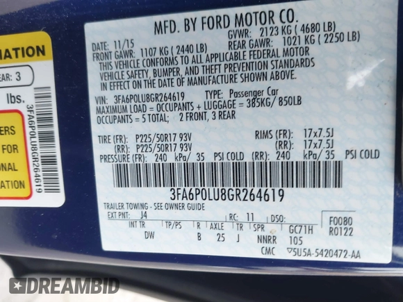 2016 Ford Fusion SE Hybrid with VIN 3FA6P0LU8GR264619, listed as a IAAI auction lot 40968963 with 45,136 mi miles. Bid and sale history available at carsss.com. Image 9.