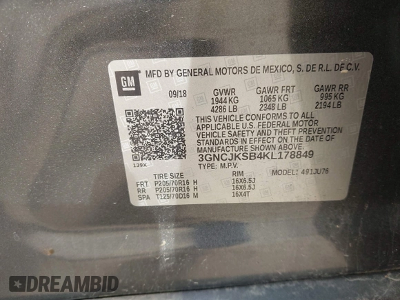 2019 Chevrolet Trax LS with VIN 3GNCJKSB4KL178849, listed as a IAAI auction lot 42006284 with 31,205 mi miles. Bid and sale history available at carsss.com. Image 9.