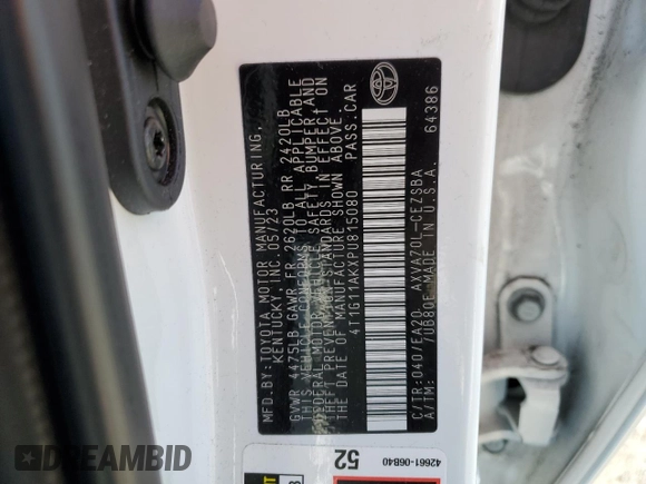 2023 Toyota Camry SE with VIN 4T1G11AKXPU815080, listed as a Copart auction lot 53675035 with 27,634 mi miles and Salvage Title. Bid and sale history available at DreamBid. Image 14.