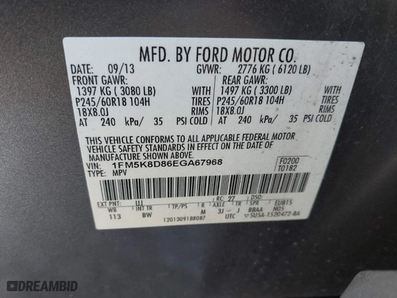 2014 Ford Explorer XLT with VIN 1FM5K8D86EGA67968, listed as a IAAI auction lot 41693430 with NaN miles. Bid and sale history available at carsss.com. Image 9.