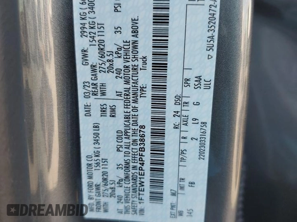 2023 Ford F-150 XL with VIN 1FTEW1EP4PFB38678, listed as a Copart auction lot 43024045 with 8,718 mi miles and Salvage title. Bid and sale history available at DreamBid. Image 12.