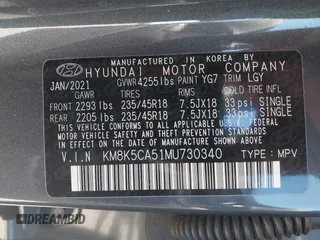 2021 Hyundai Kona Ultimate with VIN KM8K5CA51MU730340, listed as a IAAI auction lot 41662900 with 63,660 mi miles and . Bid and sale history available at carsss.com. Image 9.