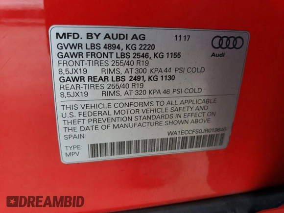 2018 Audi Q3 Premium with VIN WA1ECCFS0JR019646, listed as a Copart auction lot 70458152 with 54,207 mi miles. Bid and sale history available at carsss.com. Image 13.
