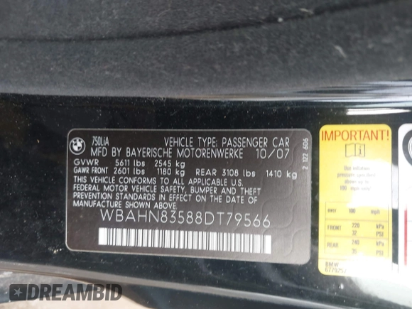 2008 BMW 7 Series 750Li with VIN WBAHN83588DT79566, listed as a IAAI auction lot 42522414 with 127,605 mi miles and . Bid and sale history available at DreamBid. Image 9.