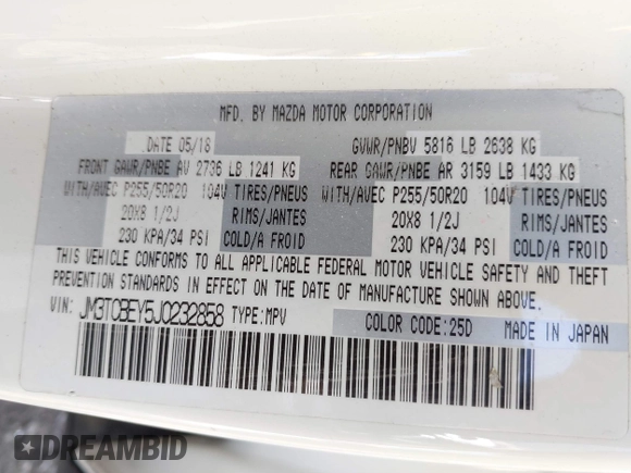 2018 Mazda CX-9 Signature with VIN JM3TCBEY5J0232858, listed as a IAAI auction lot 42131815 with 86,278 mi miles and . Bid and sale history available at carsss.com. Image 9.